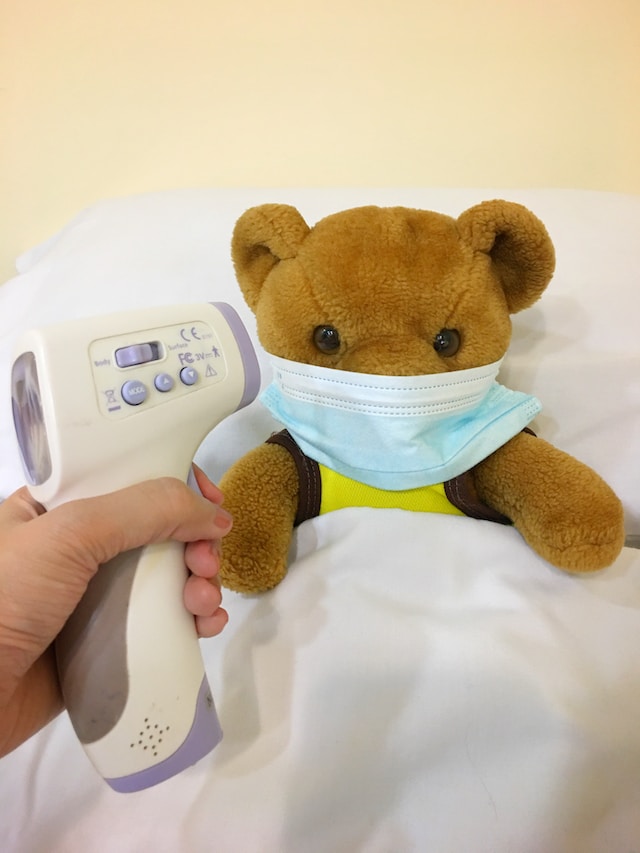 A thermometer being held to a teddy bear